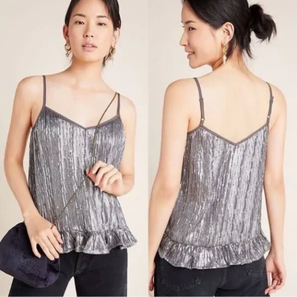 Anthropologie Amelie Sequin Cami Top Silver Ruffled Hem Camisole Spaghetti Strap